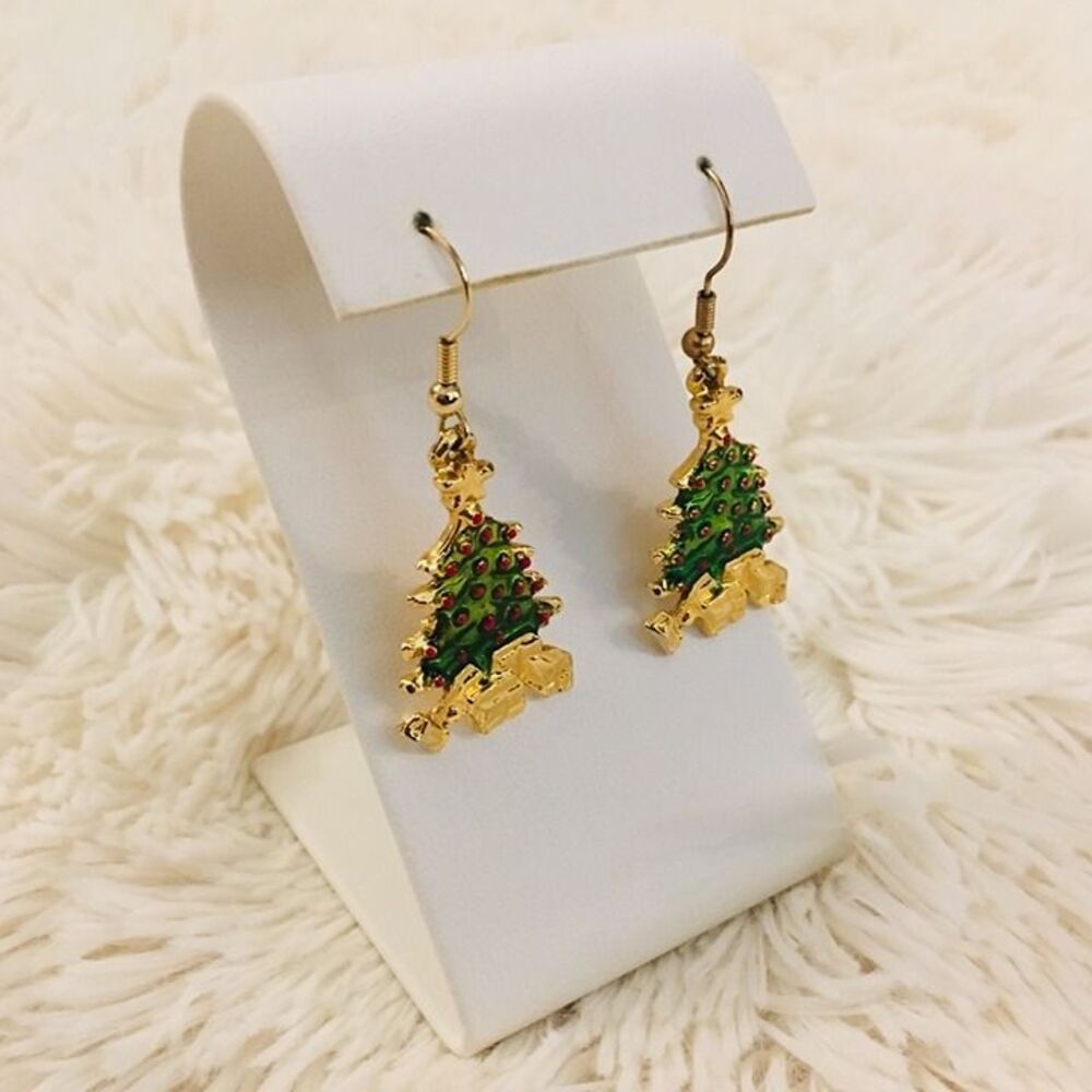 Vintage Christmas Tree Green & Gold Earrings